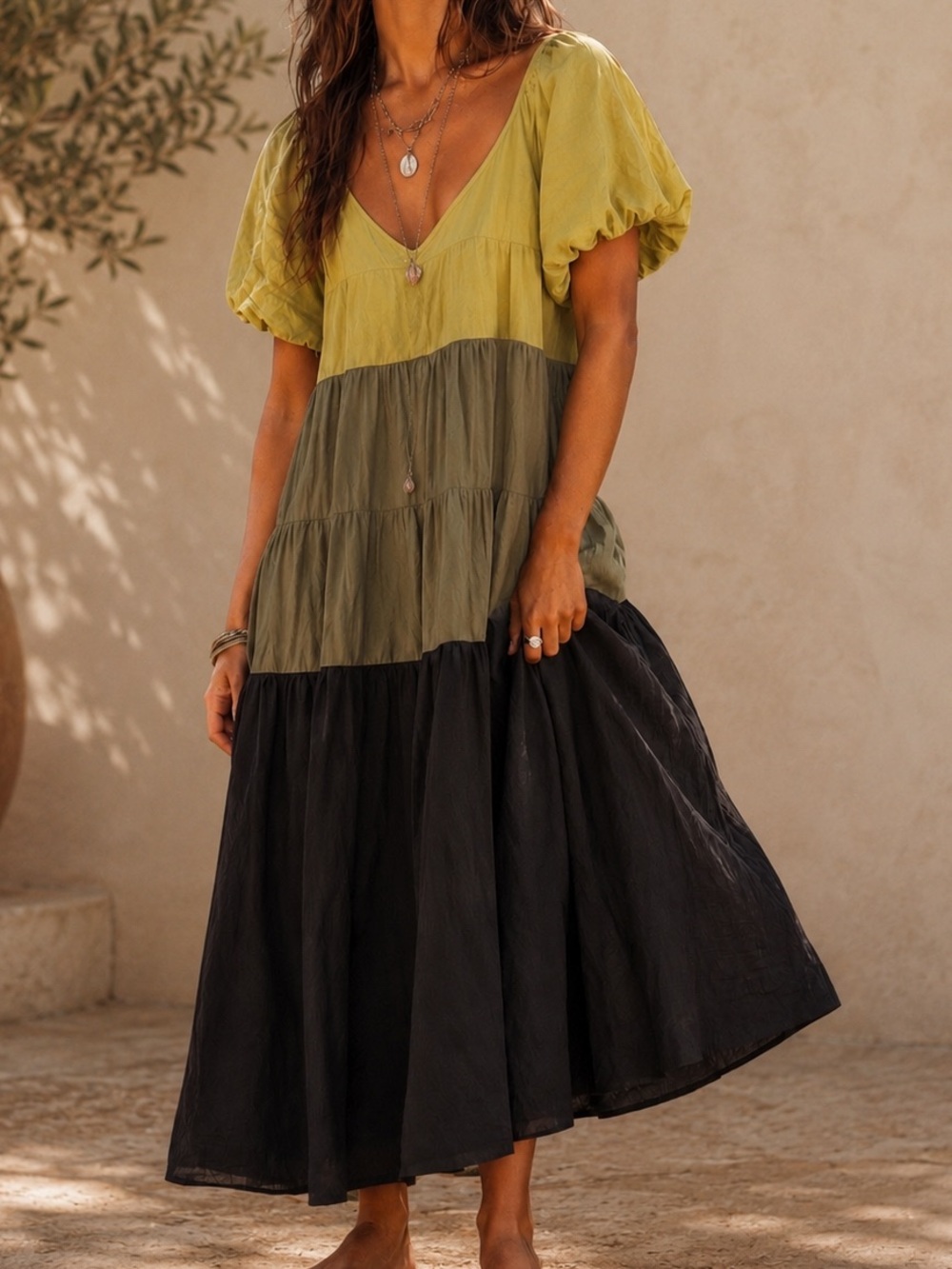 Stylish Colorblock Midi Dress in Yellow, Olive, and Black